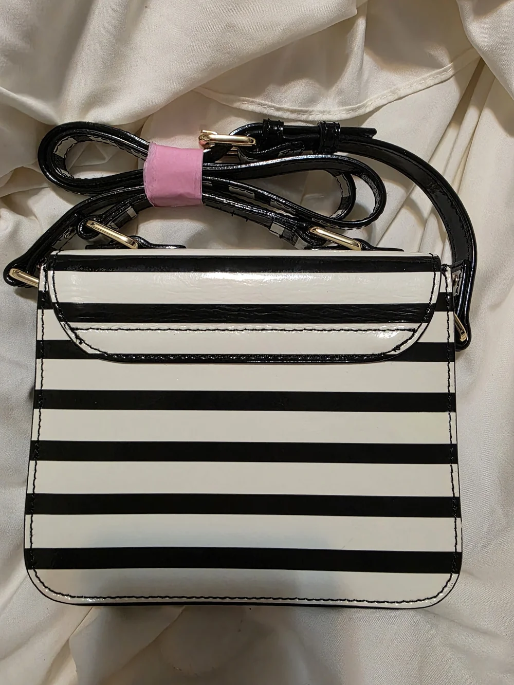 kate spade Black and White Striped Patent Crossbody with Gold Hardware